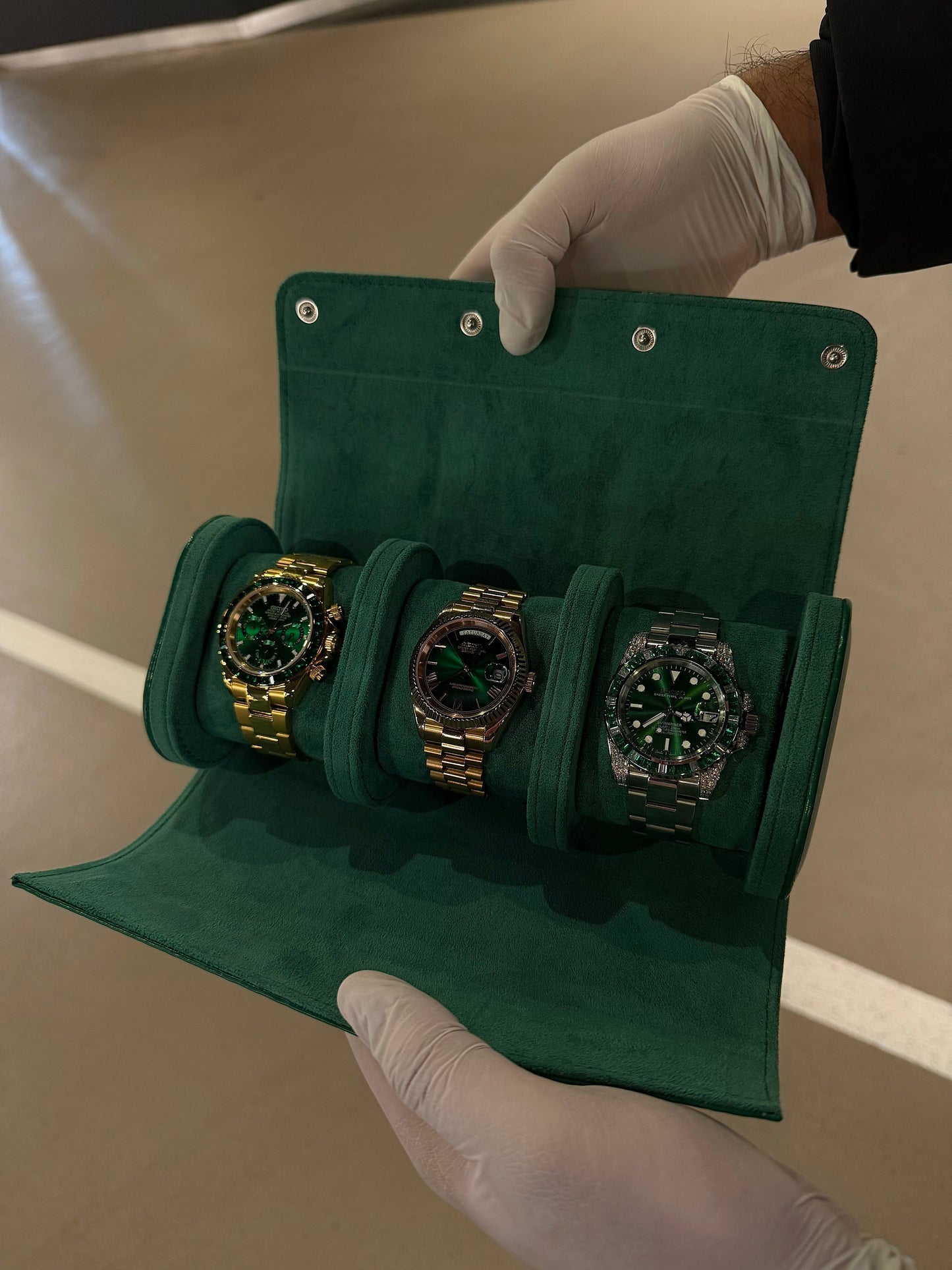 3 Slot Green leather box